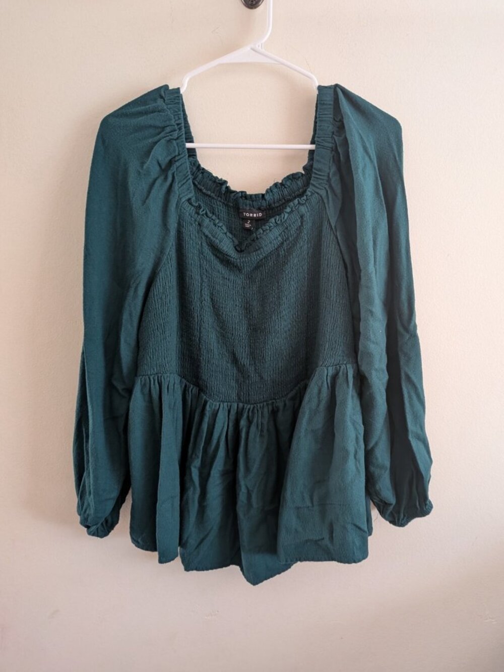 Torrid  Smocked Peplum Top Women's 2X Dark Green Long Sleeve Square Neck Boho